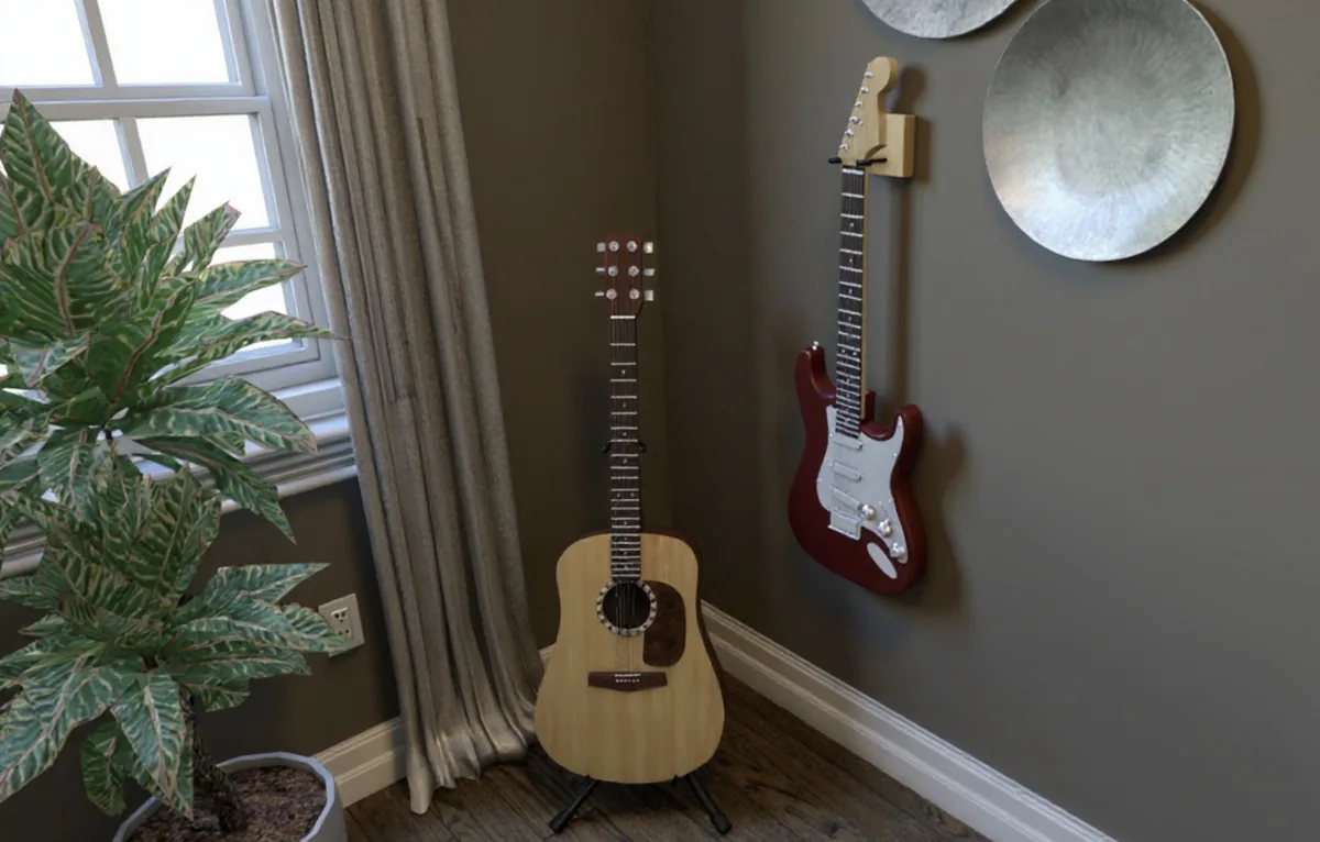 A room corner with guitars and a houseplant
